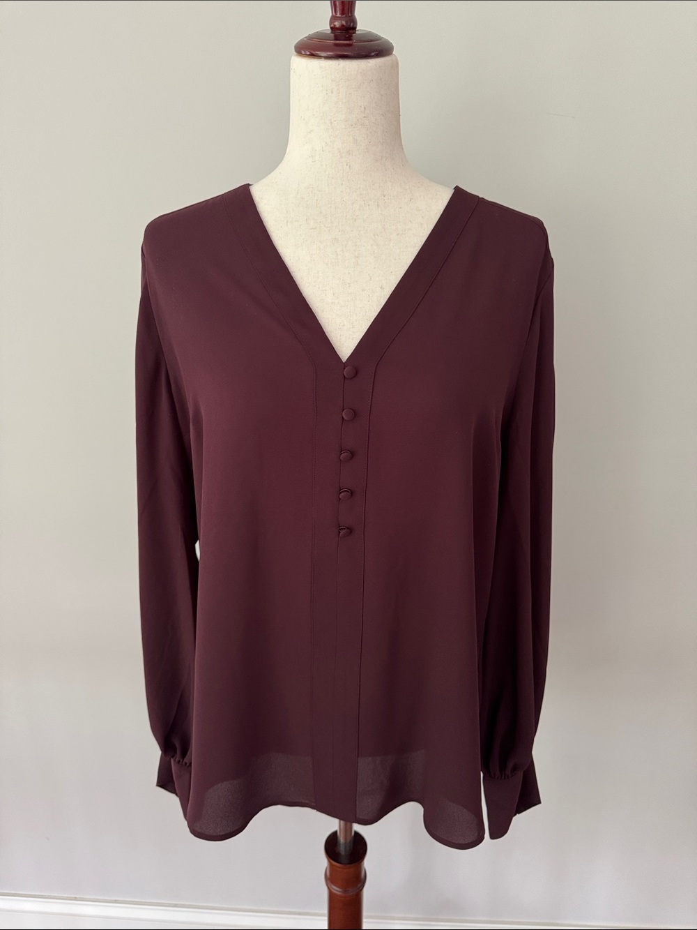 Express Women's V-Neck Long Sleeve Blouse in Deep Burgundy
